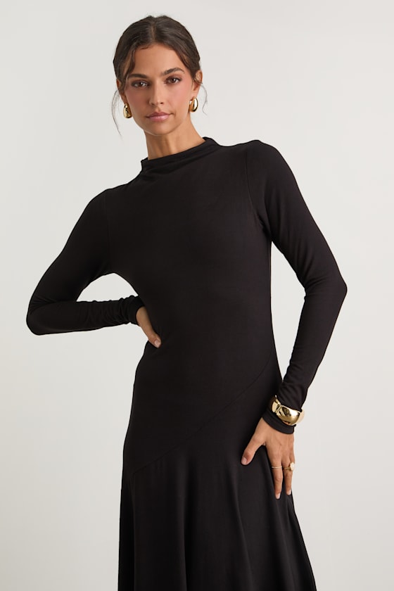 Corinne Black Jersey Knit Mock Neck Midi Dress
