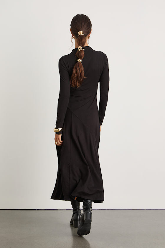 Corinne Black Jersey Knit Mock Neck Midi Dress
