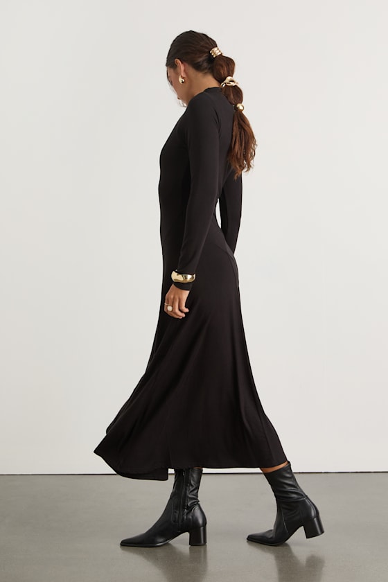 Corinne Black Jersey Knit Mock Neck Midi Dress
