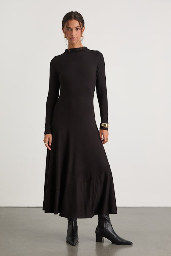 Corinne Black Jersey Knit Mock Neck Midi Dress