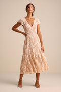 Rohanna Ivory and Blush Lace Short Sleeve Tiered Midi Dress