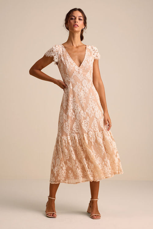 Rohanna Ivory and Blush Lace Short Sleeve Tiered Midi Dress