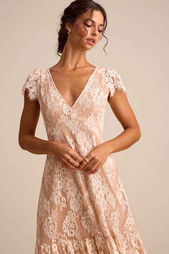 Rohanna Ivory and Blush Lace Short Sleeve Tiered Midi Dress
