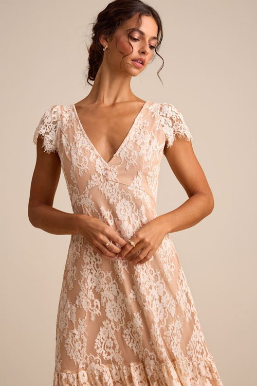 Rohanna Ivory and Blush Lace Short Sleeve Tiered Midi Dress