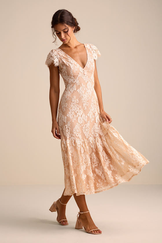 Rohanna Ivory and Blush Lace Short Sleeve Tiered Midi Dress
