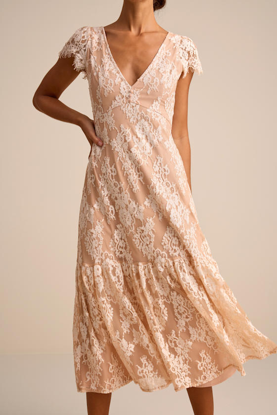 Rohanna Ivory and Blush Lace Short Sleeve Tiered Midi Dress