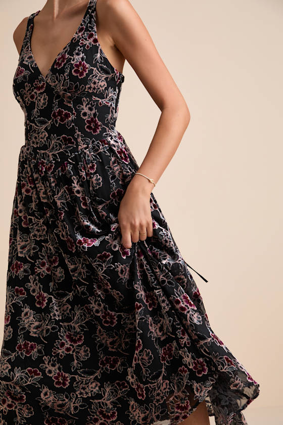 Priella Black Velvet Burnout Lace-Up Midi Dress