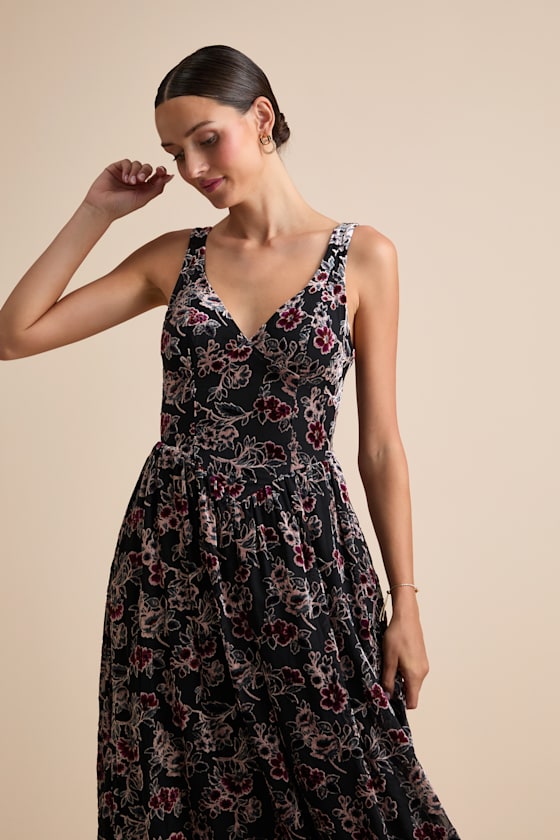 Priella Black Velvet Burnout Lace-Up Midi Dress