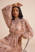 Wexler Peach Floral Tiered Mock Neck Long Sleeve Maxi Dress