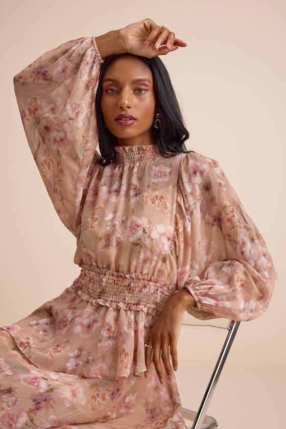 Wexler Peach Floral Tiered Mock Neck Long Sleeve Maxi Dress