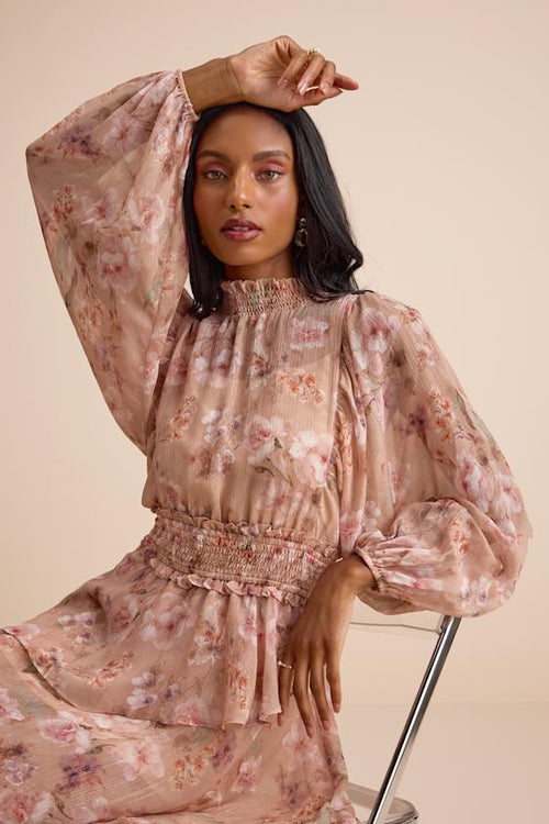 Wexler Peach Floral Tiered Mock Neck Long Sleeve Maxi Dress