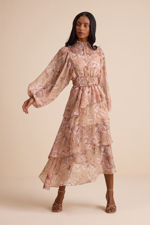 Wexler Peach Floral Tiered Mock Neck Long Sleeve Maxi Dress