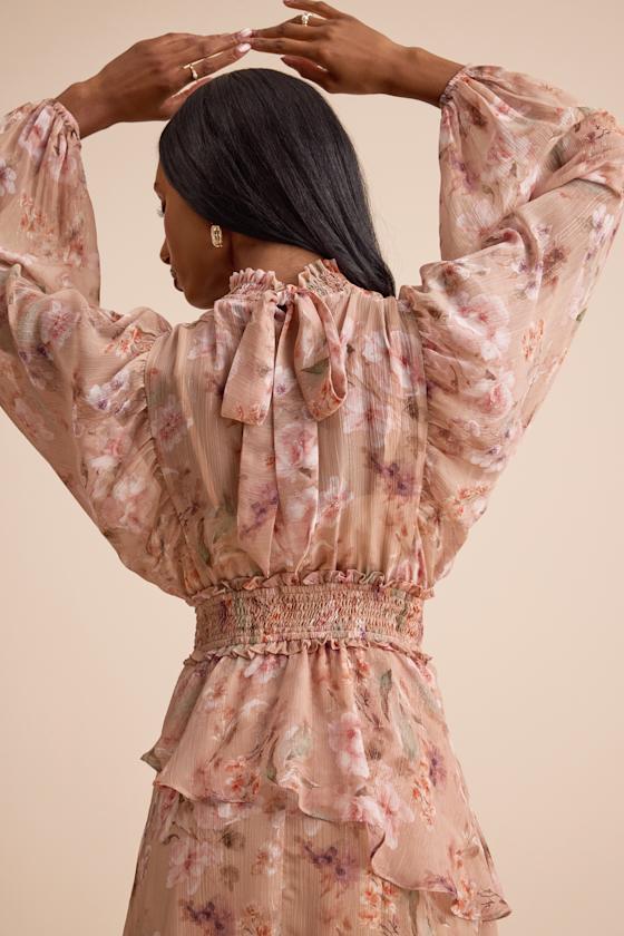 Wexler Peach Floral Tiered Mock Neck Long Sleeve Maxi Dress