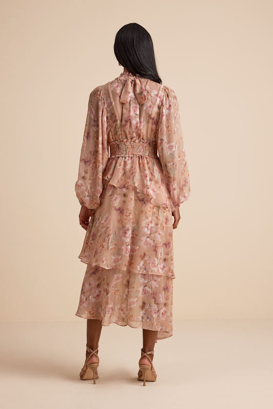 Wexler Peach Floral Tiered Mock Neck Long Sleeve Maxi Dress