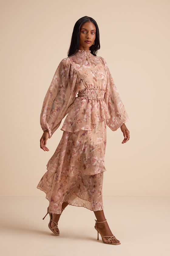 Wexler Peach Floral Tiered Mock Neck Long Sleeve Maxi Dress