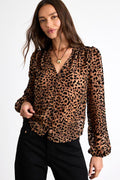 Harielle Brown Leopard Print Burnout Velvet Long Sleeve Blouse