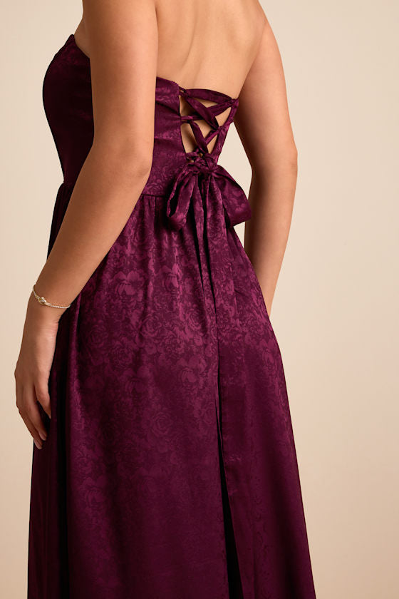 Venita Plum Floral Jacquard Satin Bustier Maxi Dress