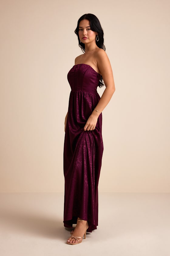 Venita Plum Floral Jacquard Satin Bustier Maxi Dress