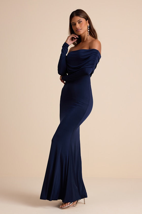 Effortlessly Stunning Navy Off-the-Shoulder Maxi Dress
