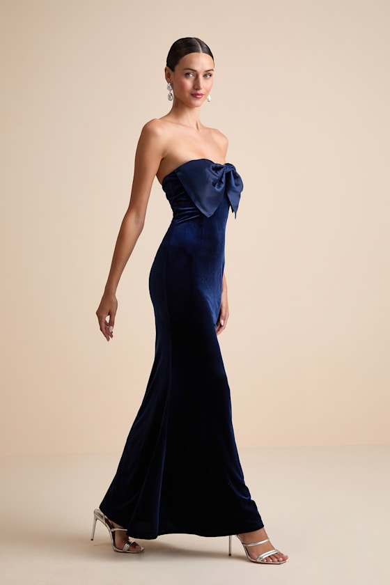 Dramatic Stunner Navy Velvet Bow Strapless Maxi Dress