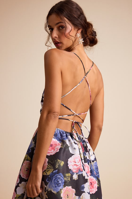 Soreia Black Multi Floral Taffeta Floral Lace-Up Midi Dress