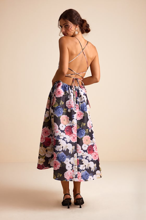 Soreia Black Multi Floral Taffeta Floral Lace-Up Midi Dress