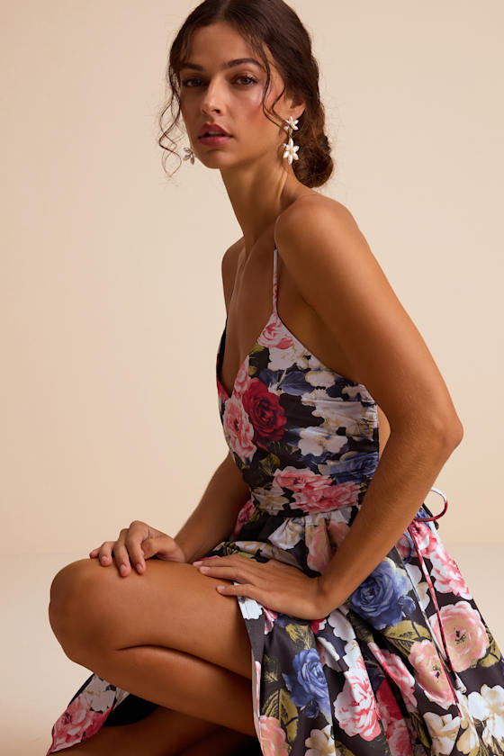 Soreia Black Multi Floral Taffeta Floral Lace-Up Midi Dress