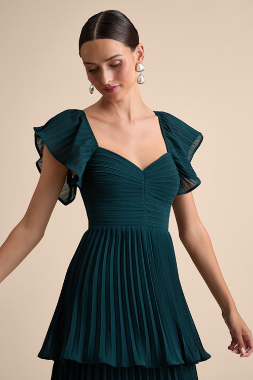 Notorious Charm Emerald Pleated Flutter Sleeve Maxi Dress
