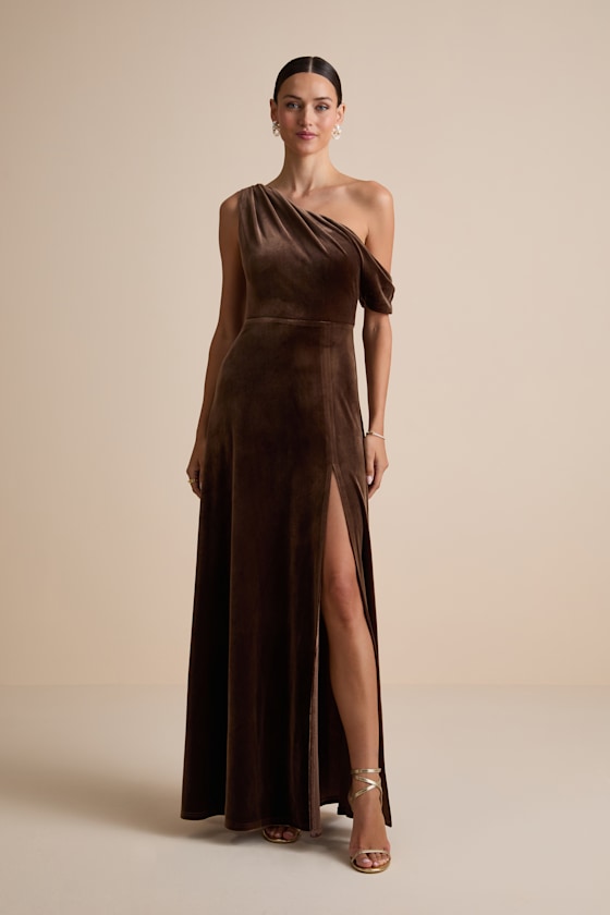 Coveted Confidence Brown Velvet Asymmetrical Maxi Dress