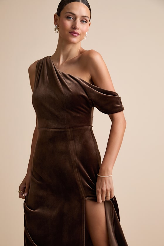 Coveted Confidence Brown Velvet Asymmetrical Maxi Dress