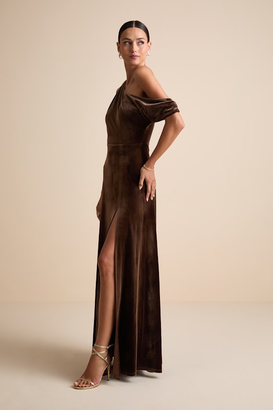 Coveted Confidence Brown Velvet Asymmetrical Maxi Dress