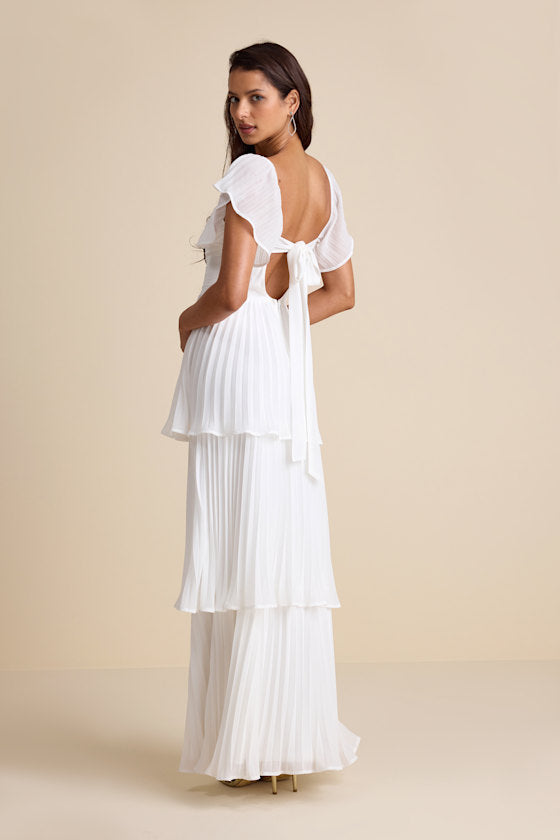 Notorious Charm White Pleated Flutter Sleeve Maxi Dress
