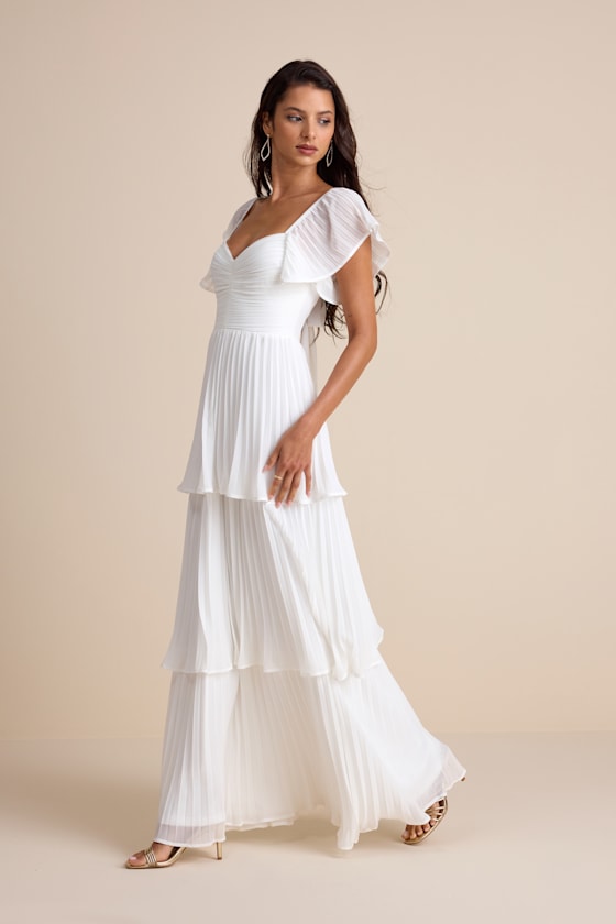 Notorious Charm White Pleated Flutter Sleeve Maxi Dress