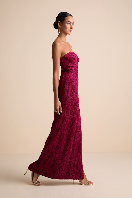 Chic Grace Burgundy Velvet Floral Applique Strapless Maxi Dress