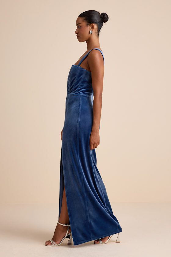 Pristine Luxury Blue Velvet Bustier Maxi Dress