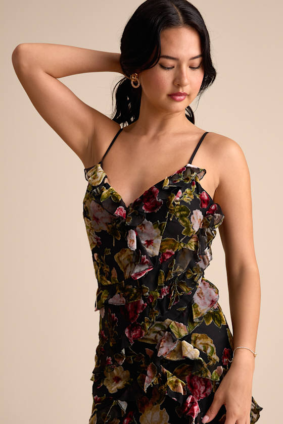 Shona Black Multi Velvet Jacquard Ruffled Maxi Dress