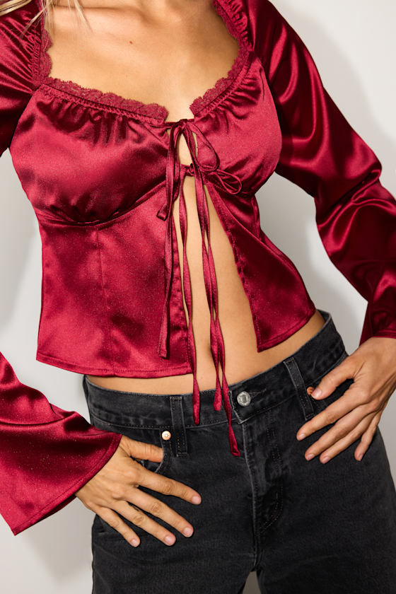 Bess Red Satin Tie-Front Long Sleeve Top
