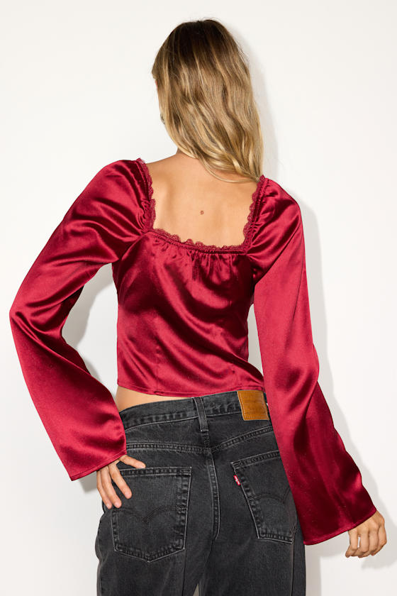 Bess Red Satin Tie-Front Long Sleeve Top