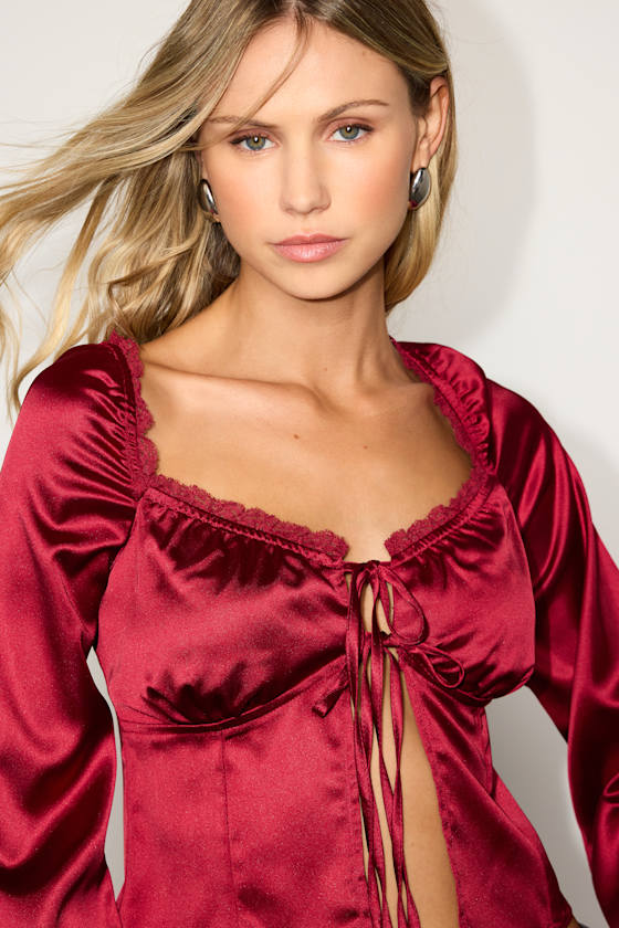 Bess Red Satin Tie-Front Long Sleeve Top