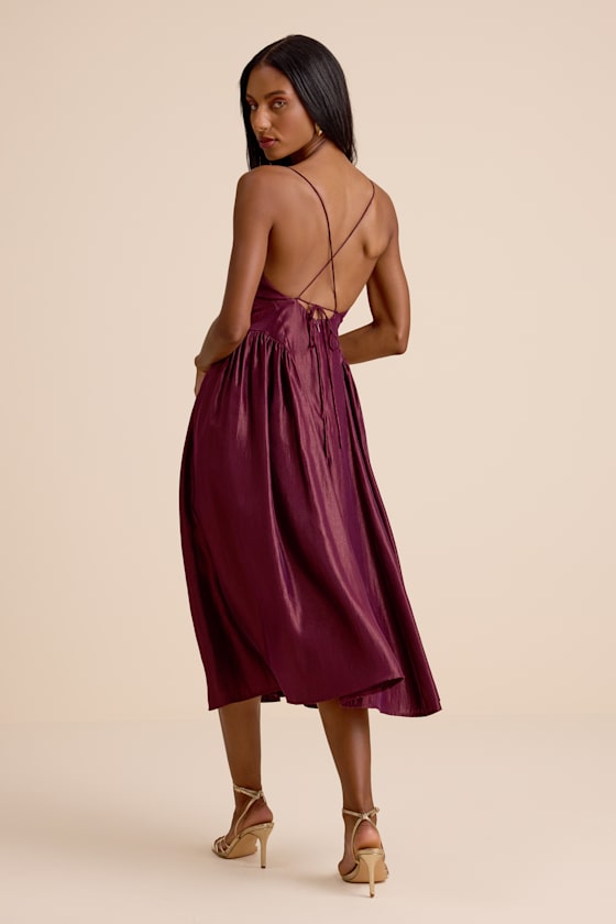 Paride Shiny Plum Gathered Lace-Up Midi Dress
