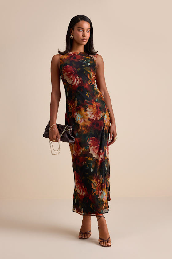Yaneli Black Multi Floral Boat Neck Cowl Back Maxi Dress