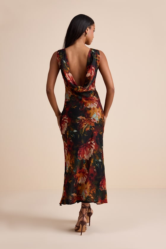 Yaneli Black Multi Floral Boat Neck Cowl Back Maxi Dress