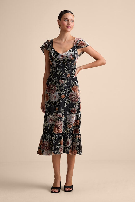 Composed Beauty Black Burnout Velvet Floral Midi Dress