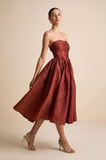 Analeia Rust Jacquard Lace-Up Strapless Midi Dress
