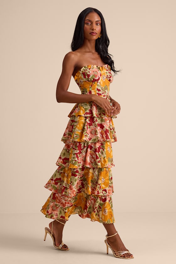 Nahya Yellow Multi Floral Strapless Tiered Midi Dress