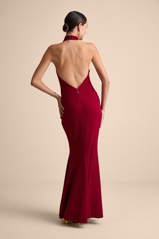 Sihana Wine Red Halter Mermaid Maxi Dress