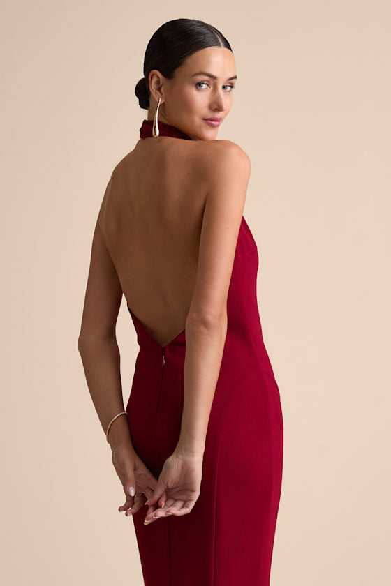 Sihana Wine Red Halter Mermaid Maxi Dress