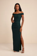 Scotia Dark Green Mesh Ruched Off-the-Shoulder Maxi Dress