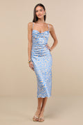 Midiana Light Blue Abstract Floral Tie-Back Midi Dress