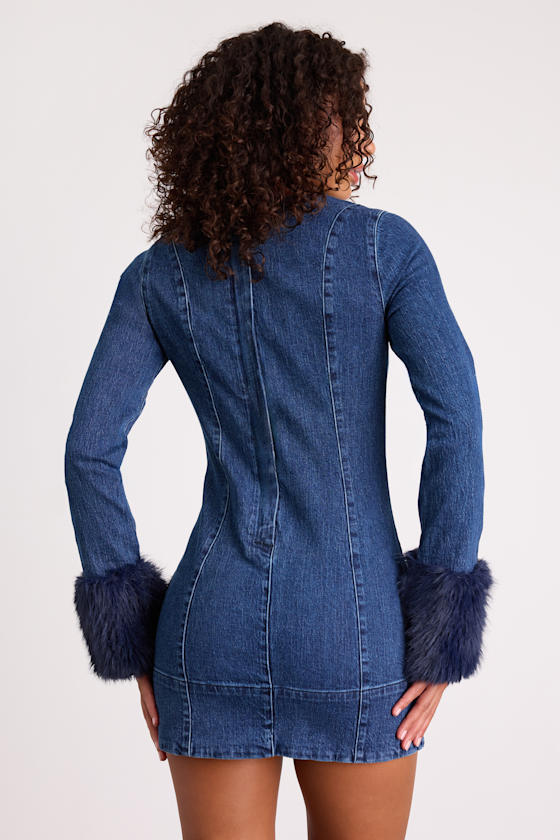 Rockefeller Medium Wash Denim Faux Fur Mini Dress